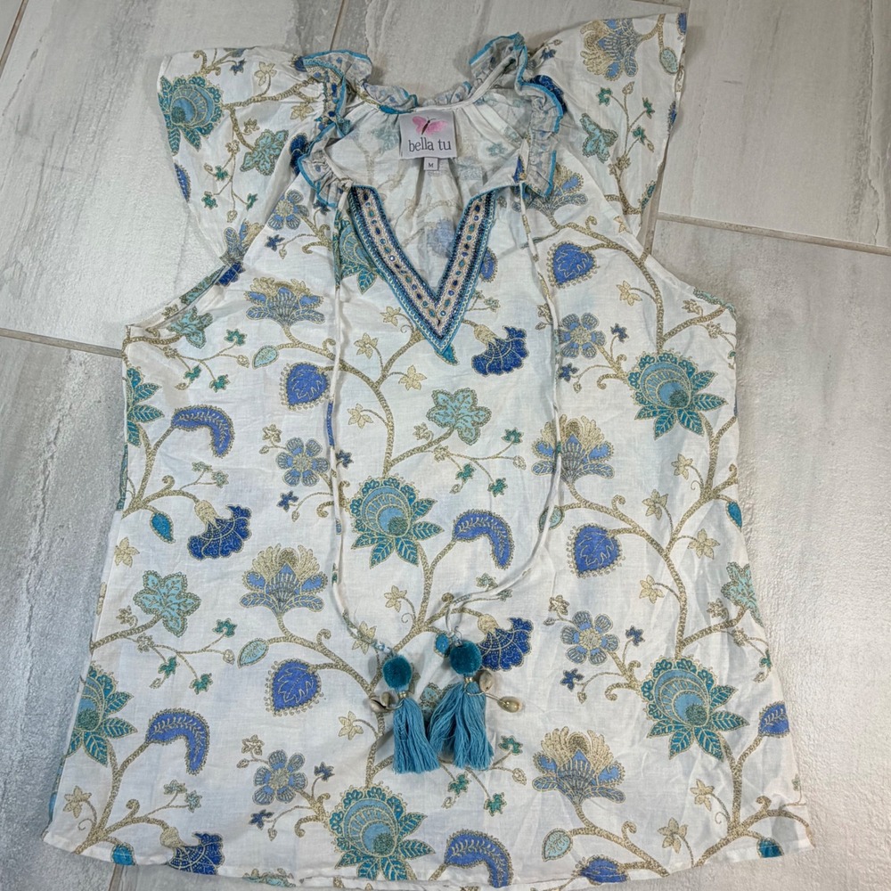 Bella Tu Women Blue Floral Block Print Cotton Tassel Blouse M Flutter Sleeve